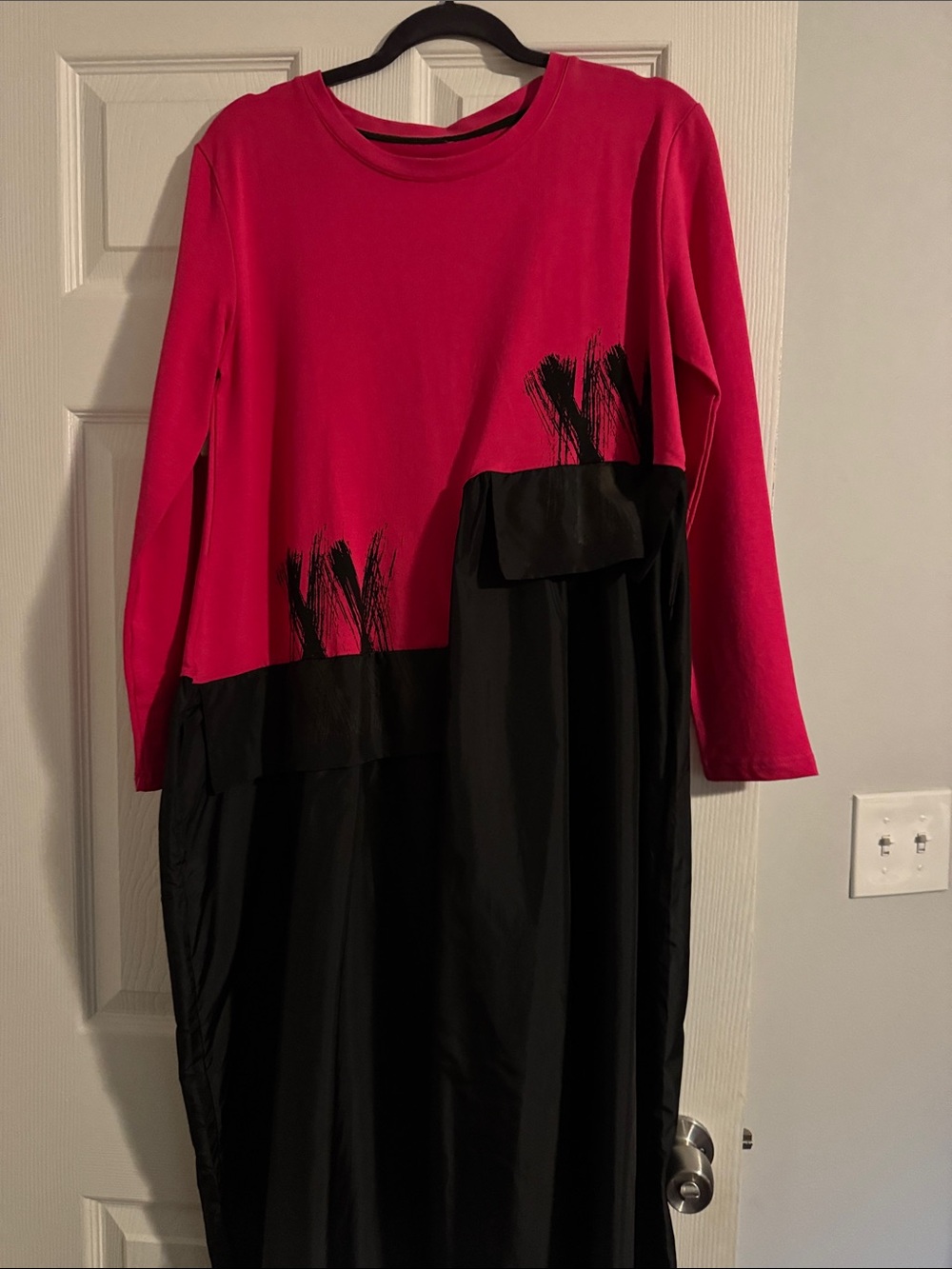 Pink and Black Long Sleeve Colorblock Dress
